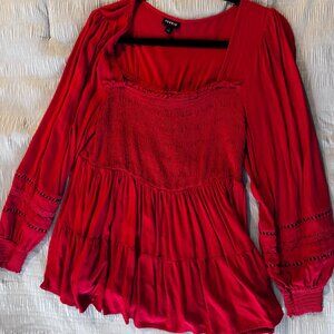 Red Torrid Smocked Long Sleeve Peplum Top